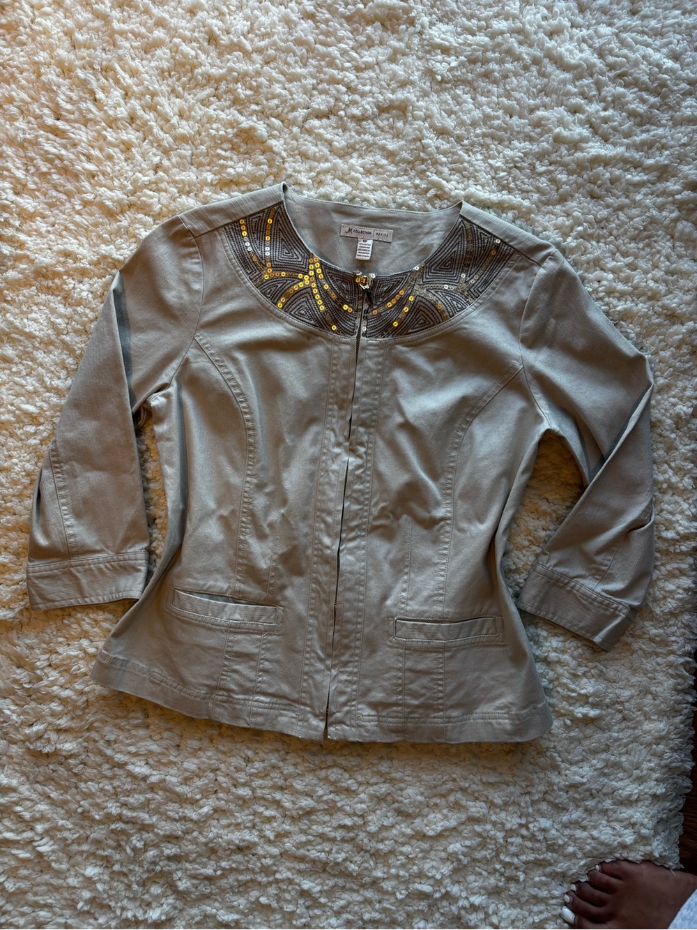 JM Collection Light Gray Embellished Collar Zip Jacket